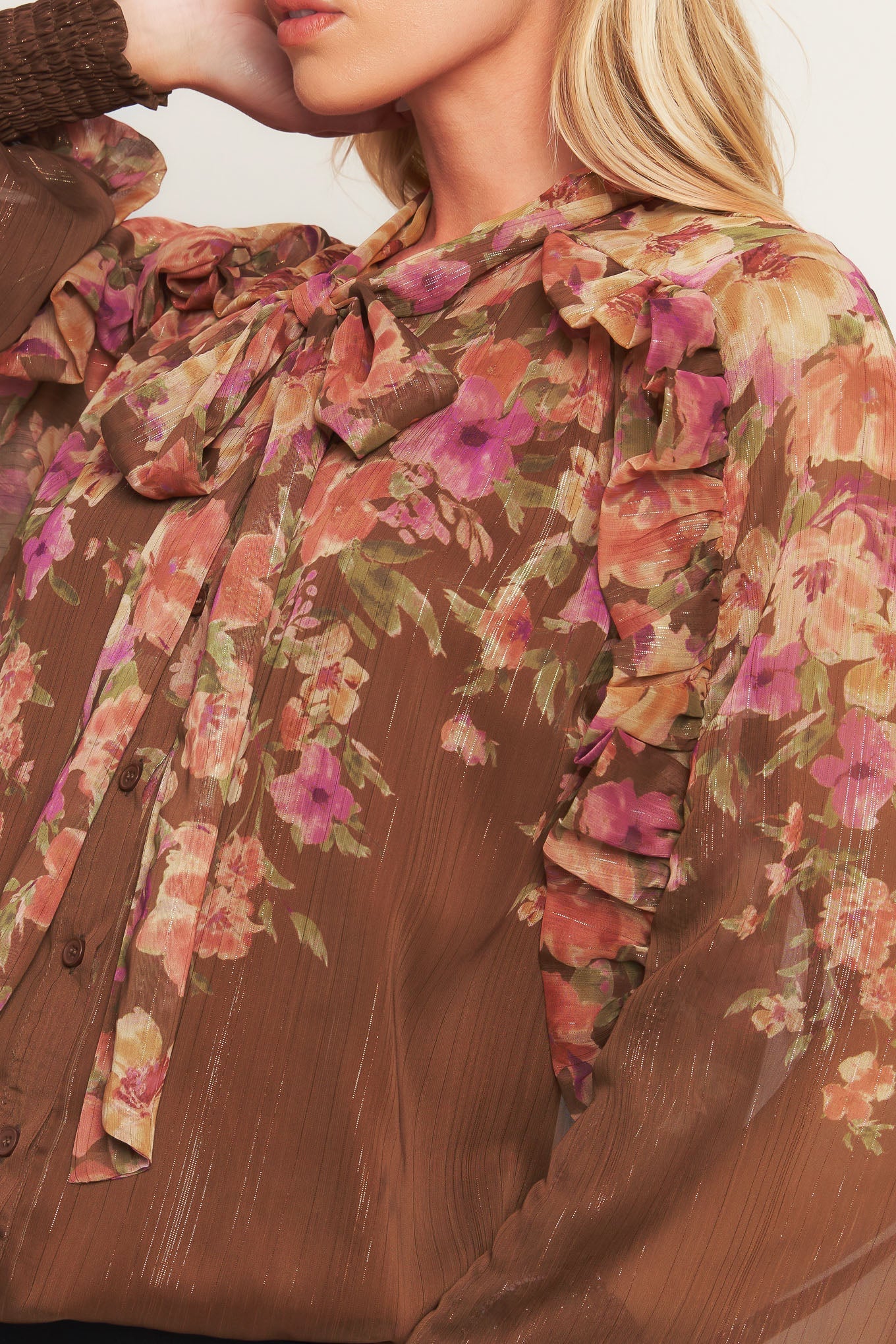 Earthly Romance Printed Woven Top With Bow Tie Front Button Flying Tomato